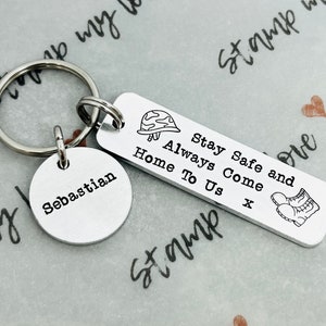 Military Stay Safe, Always Come Back To Me Us Keyring, Personalised Soldier Gift, Hand Stamped, Army Wife Husband Mummy Daddy