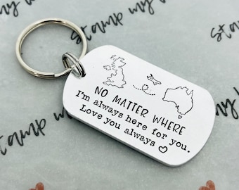 No Matter Where Keyring Travel Long Distance Friendship Gift Over The Miles Leaving Traveler Wanderlust Travel World Hand Stamped Goodbye