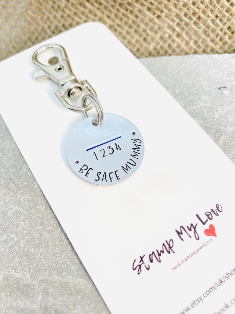 Personalised Police Officer Keyring, Thin Blue Line Badge Number Gift, Hand Stamped Keychain, Constable image 4