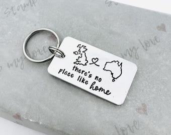 Hand Stamped Travel Map Keyring, Long Distance Gift, There's No Place Like Home