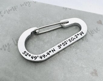 Personalised Hand Stamped Coordinates Carabiner Keychain: Personalized Custom Aluminum Travel Gift