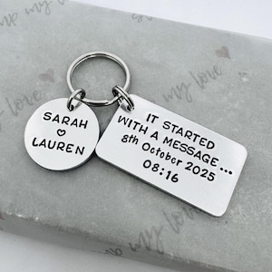 Personalised 'Started With A Message" Keyring, Hand Stamped Keychain, Anniversary Couple Gift