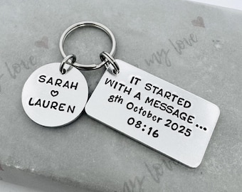 Personalised 'Started With A Message" Keyring, Hand Stamped Keychain, Anniversary Couple Gift