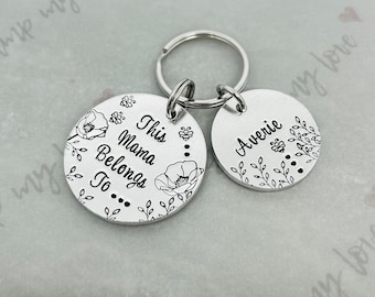 Personalised 'Belongs To' Floral Keyring, Mother's Day Gift, Hand Stamped Keychain