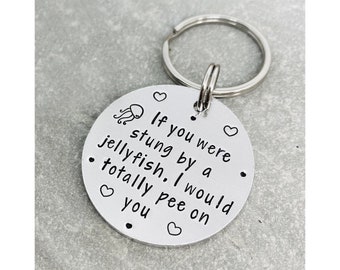 Funny Jellyfish Keyring, Hand Stamped Funny Keychain, Joke Gift