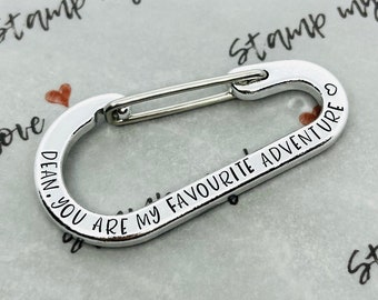 Personalised Carabiner Keyring Hand Stamped Gift for Climbing Fathers Day Gift Rock Climber Clip Keychain Hiker Birthday for Him Her