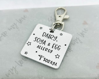 Personalised Allergy Bag Tag Hand Stamped Identity Allergy Awareness Dairy Nut Soya Egg Allergy Medical Alert Keyring Kids Bag Tag Allergies