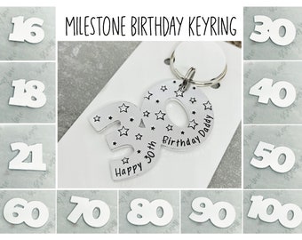 Personalised Milestone Birthday Number Keyring, Custom Hand Stamped Keyring for Him or Her