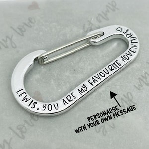 Personalised Carabiner Keyring, Custom Adventure Gift, Hand Stamped, Gift for Climber, Fathers Day, Keychain for Him or Her, Birthday Gift