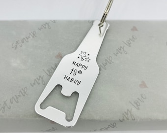 Personalised Birthday Bottle Opener Keyring, Hand Stamped Aluminum