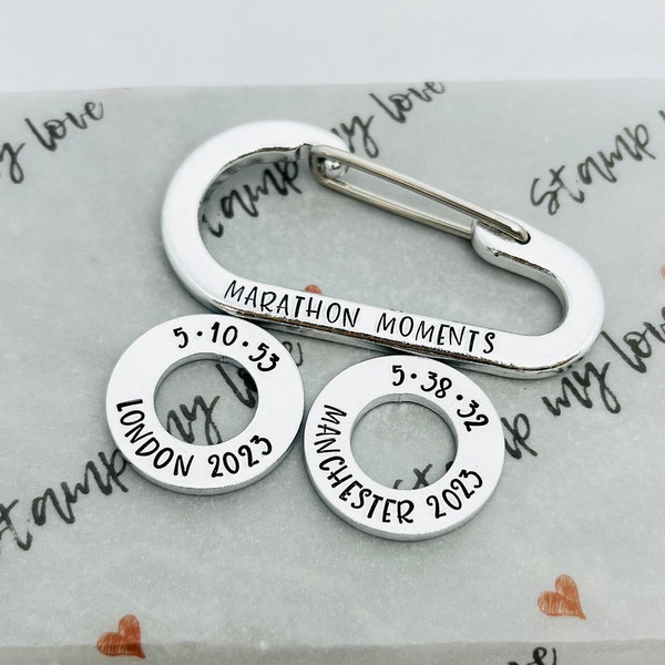 Personalised Marathon Carabiner Sport Milestones Running Achievement Running Washer Keyring Hand Stamped Keychain Gift for Runner