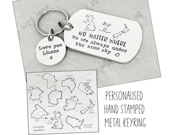 No Matter Where Always Under The Same Sky Keyring Friendship Gift Over The Miles Leaving Travel The World Hand Stamped Goodbye Distance