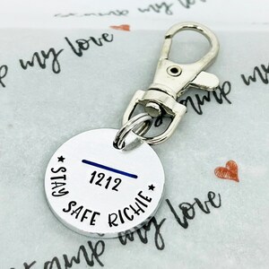 Personalised Police Officer Keyring, Thin Blue Line Badge Number Gift, Hand Stamped Keychain, Constable image 3
