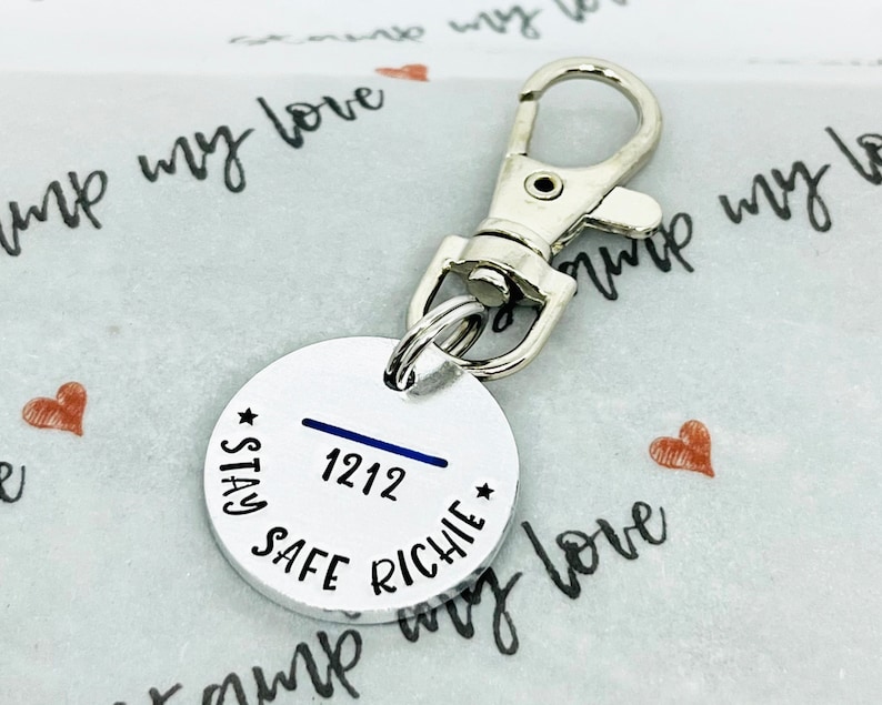 Personalised Police Officer Keyring, Thin Blue Line Badge Number Gift, Hand Stamped Keychain, Constable image 3