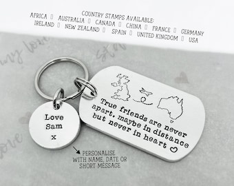 Personalised Long Distance Friendship Keyring, Map Keychain, Across the Miles Gift, No Matter Where