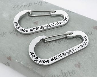 Personalised Wedding Carabiner Keyring Set, Hand Stamped Wedding Keepsake for NewlyWeds