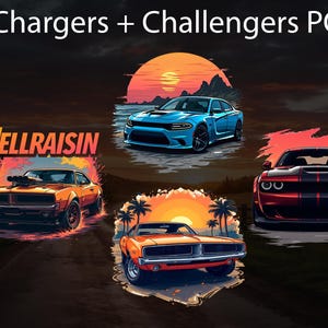 May include: Digital art featuring five Dodge Charger and Challenger car illustrations. The cars are in various colors, including blue, orange, and red, set against a sunset backdrop. The text "Chargers + Challengers POD" is at the top.