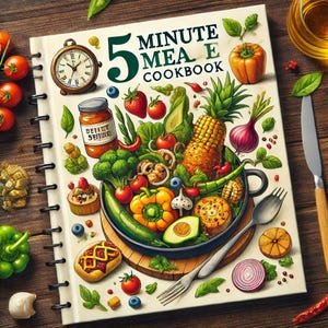 May include: A cookbook with a white cover and the title "5 MINUTE MEAL COOKBOOK" in black text. The cover features a colourful illustration of a variety of fresh vegetables, fruits, and herbs in a black pan.
