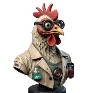May include: A bust of a chicken wearing round glasses, a tan jacket, and a green shirt. The chicken has a red comb and wattle. It holds two small glass vials, one with blue liquid and the other with red liquid. The bust is on a black base.