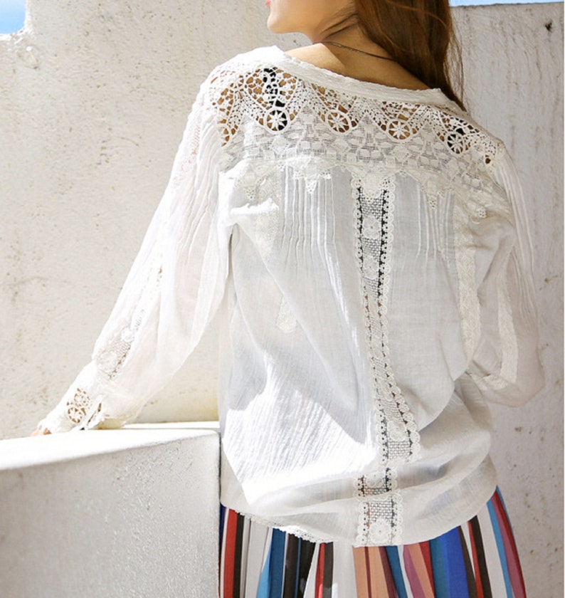 Crochet Lace Cotton white blouse, Women Cotton shirt, long sleeve Lace Button Front Cotton top, Bohemian Cotton white shirt image 2