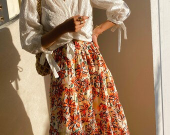 Women Floral Print Midi Summer Cotton Skirt With side pockets / Bohemian Floral Skirt