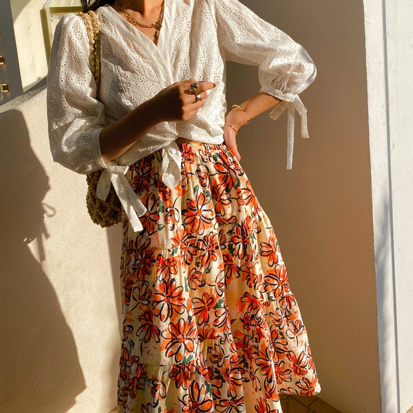 Women Floral Print Midi Summer Cotton Skirt With side pockets / Bohemian Floral Skirt