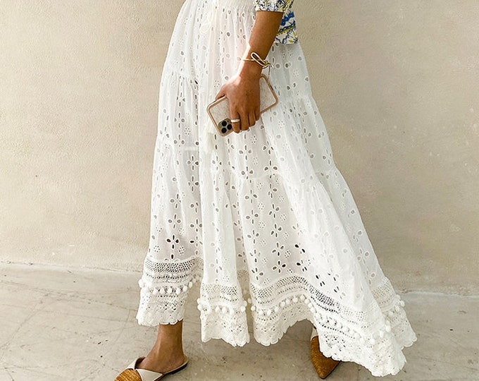 Bohemian Crochet Eyelet Maxi Skirt, White Cotton Maxi Skirt, Boho Maxi ...