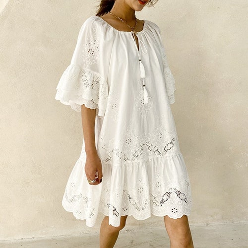 Bohemian White Dress White Cotton Dress All Cotton Crochet Etsy