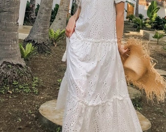 Bohemian Maxi Dress - All Cotton Crochet Dress, Eyelet white dress; Loose Fit Dress; white boho dress; boho dress ; white cotton dress