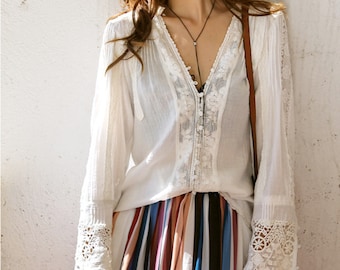 Blusa blanca de algodón de encaje de ganchillo, camisa de algodón de mujer, top de algodón frontal con botón de encaje de manga larga, camisa blanca de algodón Boho