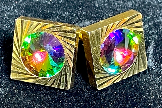 VINTAGE  Cufflink Set - Oversize Square - Mid Century Swag - Colorful Rivoli Stone - Gold-tone