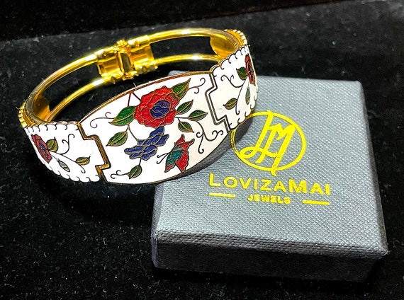 Vintage Red and Green Cloisonne Hinged Bangle in Gold Tone Metal - Enamel Butterfly and Floral Design on White Background