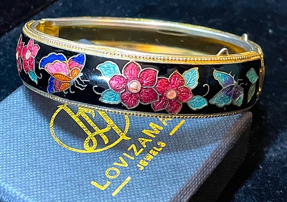 Vintage Cloisonné Bangle Bracelet - Hinge Clasp - Butterflies and Flowers -  Black on Gold