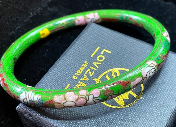Vintage Chinese Green Cloisonné Flower Enamel Bangle Bracelet - 1960's