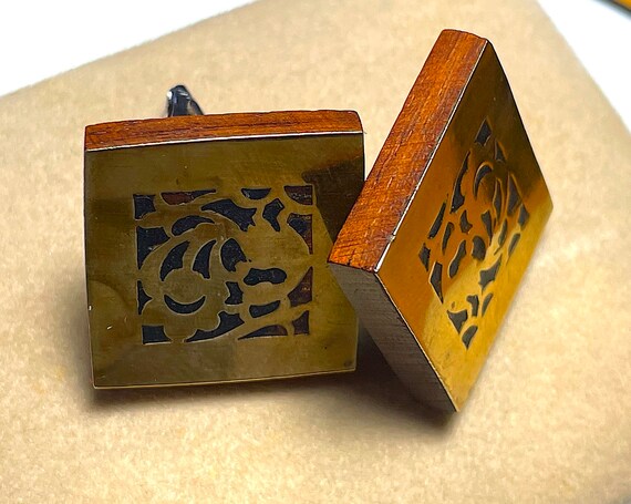VINTAGE  Handmade Cufflink Set - Hand carved gold toned plate over natural wood