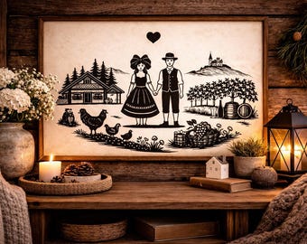 Poster or paper cut silhouette template Alsatian Scene PDF - cows - Alsace - download - tree of life - cats.