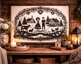 Poster or paper cut silhouette template Alsatian Scene PDF - cows - Alsace - download - tree of life - cats.