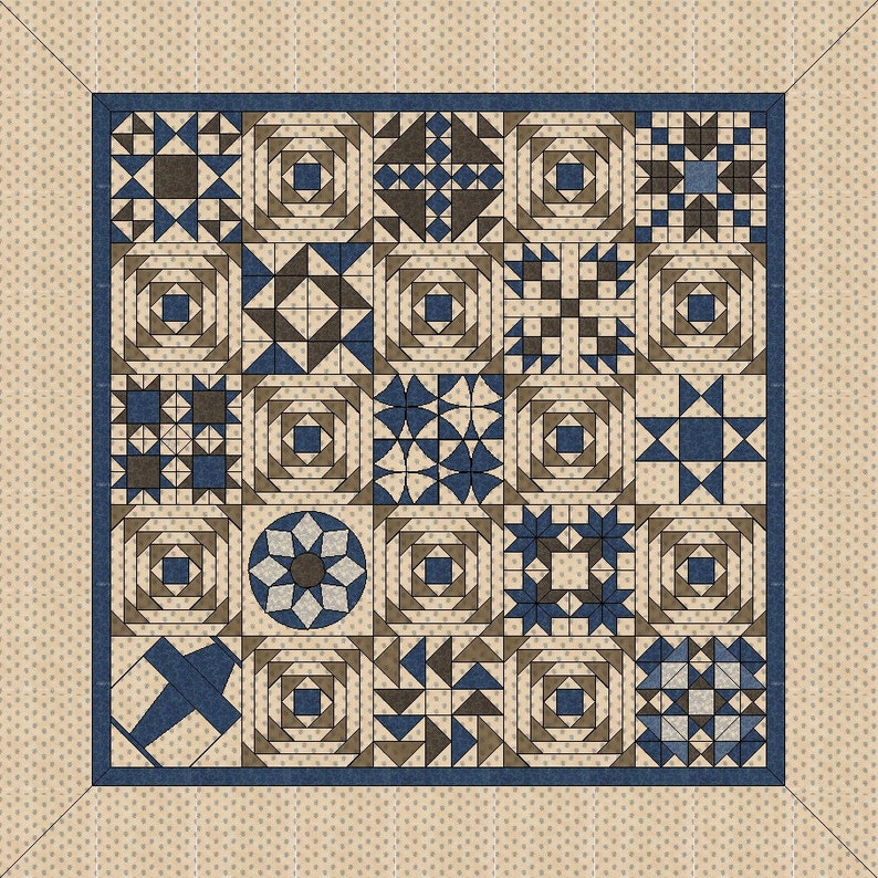 K&ouml;nnte beinhalten: Ein Patchwork-Quilt mit einem Raster aus geometrischen Bl&ouml;cken in Blau, Braun und Creme. Die Bl&ouml;cke zeigen Stern- und Quadratmuster, umrahmt von einem dunkelblauen Rand. Der Hintergrund ist cremefarben mit kleinen Punkten.