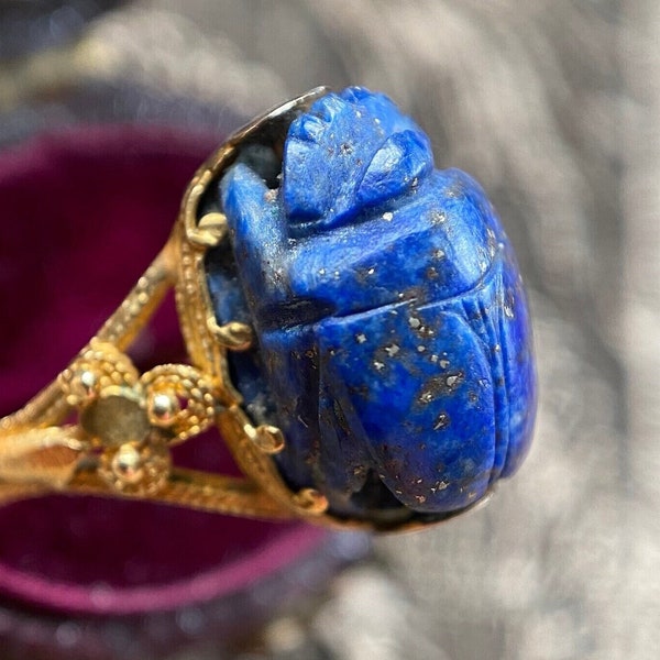 Antique Victorian Egyptian Revival Lapis Lazuli Scarab Ring in 18k Gold c. 1870, Etruscan, Archeological, 1800's, Granulation