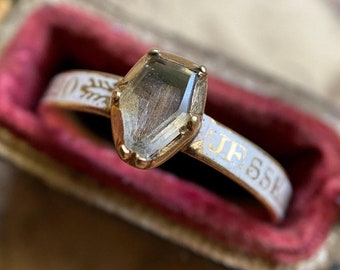 Antique Georgian White Enamel Rock Crystal Coffin & Hair Mourning Ring c. 1773 in High Karat Gold, 1700&#39;s, Memorial, 18th Century, 22k