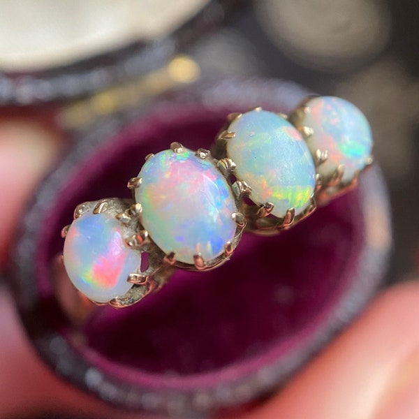 Antique Edwardian Opal Four Stone Half Hoop Ring with Chester Hallmarks in 9k Gold c. 1902, 1900's, Victorian, Stacking, Stackable
