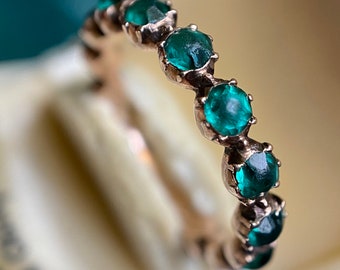 Antique Georgian Eternity Band Full Hoop Ring with Emerald Paste in 9k Rose Gold c. 1810, Stacking, Stackable, Dainty, 1800's, Infinity