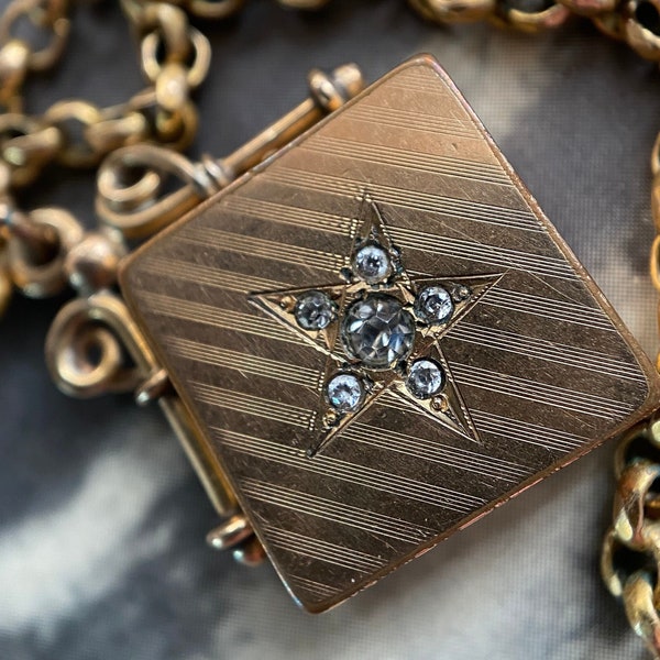 Antique Victorian American Lucky Star 14k Gold Filled Locket Fob, Starburst, Celestial, Pendant, Charm, 1800's, Paste