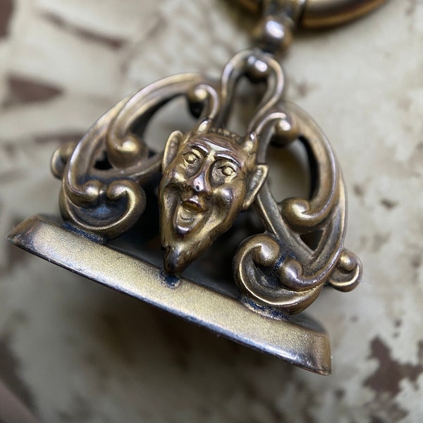 Antique Victorian Openwork Grotesque Laughing Devil Face Fob Pendant in 14k Gold Fill c 1890, Demon, Charm, Watch Chain, Novelty, Imp, 1800s