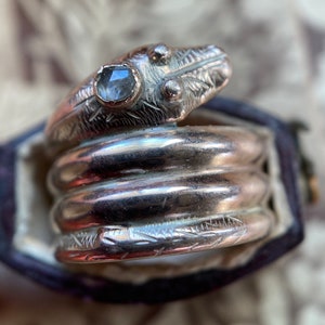 Antique Victorian Wide Quadruple Coiled Diamond Snake Ring in 18k Gold c. 1860, Serpent, 1800&#39;s, Love Token, Sentimental