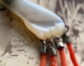 Antique Victorian Mother of Pearl Mano Figa with Coral Branch Dangles & Turquoise Bangle in Silver, Talisman, Amulet, Charm, Pendant, Fist