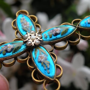 Victorian Iridescent Sky Blue Enamel Cross Pendant with Floral Motifs and Brooch Fitting in Gold Tone, 1800&#39;s, Religious, Gothic, Devotional