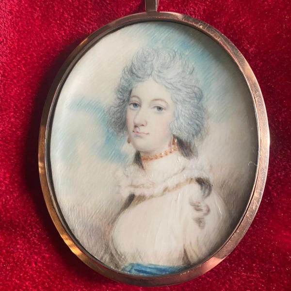 Antique Georgian Large Watercolor Portrait Miniature Pendant of Fashionable Woman with Coral Jewelry in Rose Gold, 18th Century, 1700's