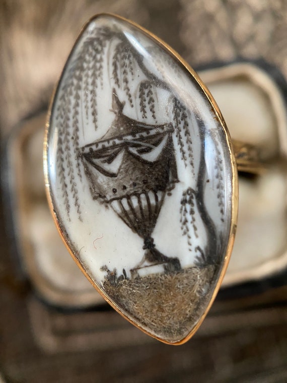 Antique Georgian Mourning Sepia Urn Ring with Mace