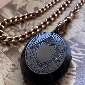 Antique Victorian Carved Jet Double Sided Mourning Locket with Etched Shield and Scalloped Frame Motifs, Pendant, Necklace, 1800&#39;s, Memorial